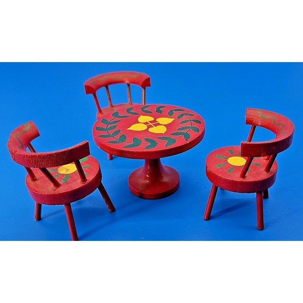 Vtg Knobler Japan Dollhouse Miniature Red Hand Painted Wood Round Table 3 Chairs